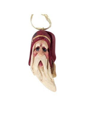 Hand Carved Santa Claus Wooden Ornament With Red Hat Folk Art Signed Rustic